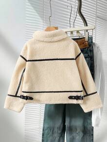 SHEIN Tween Girl White Winter Casual Lamb Wool Jacket,Oversized Faux Fur Collar Contrast Trim Zipper Pockets Loose Drop Shoulder Autumn Coat Outgoing Outing - Beige - View 3