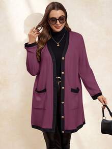 SHEIN Clasi 大码女式优雅舒适金属纽扣开襟长款保暖开衫，黑白相间，适合秋季，女士风衣，商务休闲女装 - 淺灰紫 - 查看 6