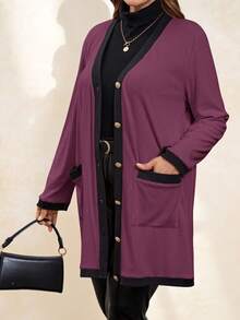 SHEIN Clasi 大码女式优雅舒适金属纽扣开襟长款保暖开衫，黑白相间，适合秋季，女士风衣，商务休闲女装 - 淺灰紫 - 查看 7