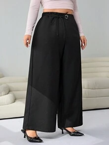 Solflare Plus High Waist Knot Side Wide Leg Pants - Black - View 6