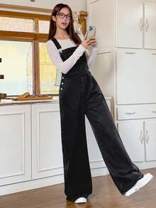 Rivivi 女式休闲水洗阔腿牛仔背带裤 - 黑色 - 查看 7