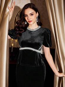 Vintamour Vintage elegante Damen Bluse mit Samt-Patchwork, Perlen, Pailletten, Laternärmeln, Rüschensaum, für Arbeit, Urlaub, Party, Halloween-Kostüm, Weihnachtsfeier, elegante Damen Blusen - Schwarz - Übersicht 4