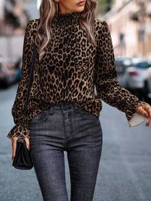 EMERY ROSE Women's Casual Chic Street Fashion Leopard Print Frill Mock Neck Ruffle Sleeve Loose Blouse, Autumn - Multicolor - View 3