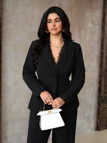 Roveilla 加大码针织翻领蕾丝拼布长袖袖口蕾丝腰西装外套和纯色修身长裤两件套西装套装 - 黑色 - 查看 5