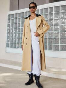 Lumivelle 女士时尚英伦风格撞色领扣长款风衣 - 卡其色 - 查看 3