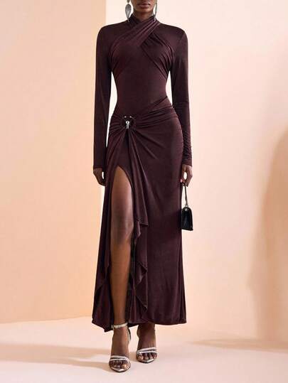Zivah 20  Autumn And Winter New Commuting Elegant Casual Vacation Brown Slim Long Sleeve Metal Decoration Side Slit Women Maxi Dress,Travel, Commuting, Party, Vacation, Old Money Style, Shopping, Banquet, Elegant, Party, Date,Casual-A