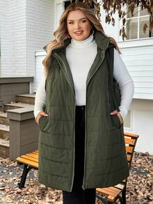 SHEIN CURVE+ Chaleco acolchado con capucha y bolsillos para mujer de talla grande, de otoño/invierno - Verde militar - Ver 4