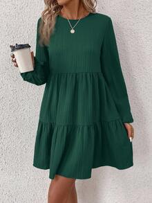 EMERY ROSE Women's Casual Solid Color Minimalist Round Neck Short Dress - Green - View 3