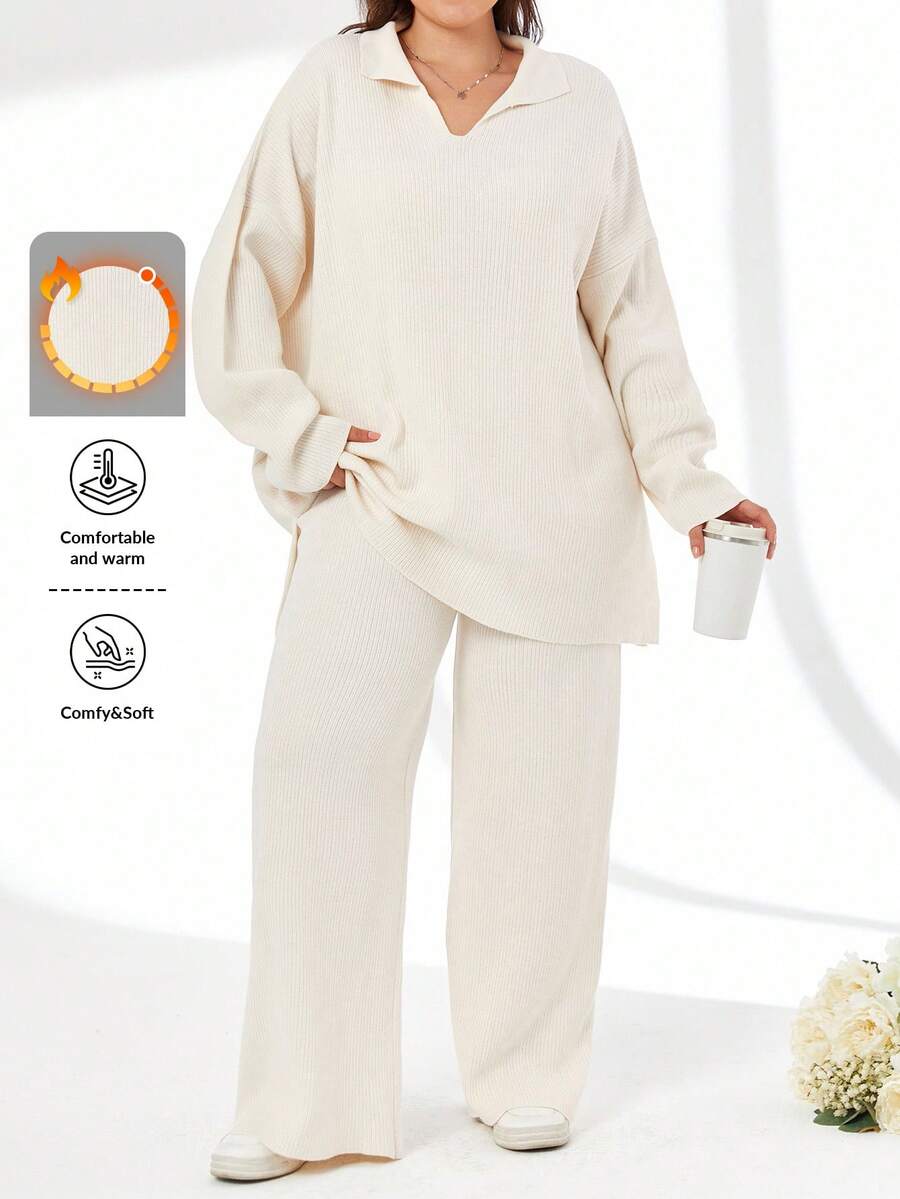 EURMUSE Plus Size 2pcs/Set Solid Color Turn-Down Collar Sweater And Pants Outfit, For Winter - Beige - View 1