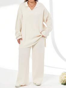 EURMUSE Plus Size 2pcs/Set Solid Color Turn-Down Collar Sweater And Pants Outfit, For Winter - Beige - View 5