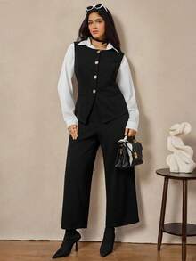 Zelara Elegant Button Decor Sleeveless Top & Elastic Waist Pants Set,Black And White Summer Plus Size Office Work Suits For Women,Professional Business Sets - Black - View 3