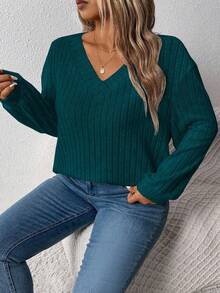 SHEIN CURVE+ 女式V领休闲宽松运动衫、外套 - 綠色 - 查看 4