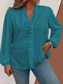 Flouryn Camisa de talla grande con volantes en el bajo, unicolor y casual - Azul Cadete - View 5