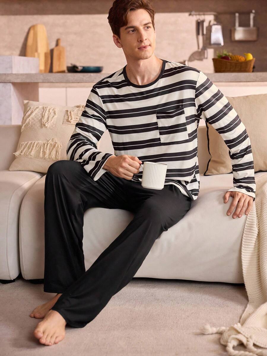 Manfinity Underwear&Sleepwear Basics Plus Size Women Striped Long Sleeve Pocket Top And Pants Pajama Set - Black and White - View 1