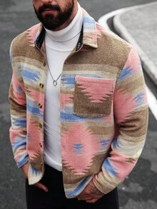 Manfinity Homme 男士几何图案长袖单排扣休闲口袋夹克，秋季 - 彩色 - 查看 3