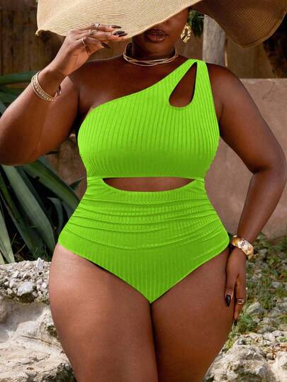 Slaydiva Plus Size Women's Black Ribbed Cutout Ruched One-Piece Swimsuit, Casual Vacation
