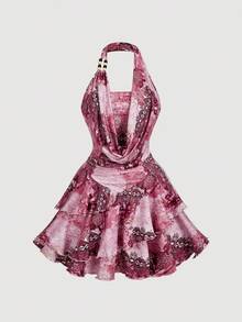 SHEIN MOD 复古 70 年代不对称迷你连衣裙，粉色拼布印花，荷叶边细节，露背领口，串珠装饰，分层蛋糕下摆和围脖领口 - 灵感来自 Y2K，非常适合海岛度假、派对、约会、生日庆祝、下午茶和节日！ - 彩色 - 查看 6