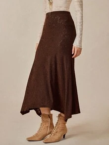 Florisole Women's Elastic Waist Asymmetric Hem Elegant Skirt - Brown - View 5