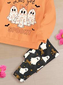 Baby Girl Halloween Dark Green,Autumn,Cute,Birthday 2 Pieces Set,'s Get Ghost Bow Print Hoodie And Winter Pants,Loose Casual Fall Loungewear Outfit - Multicolor - View 5