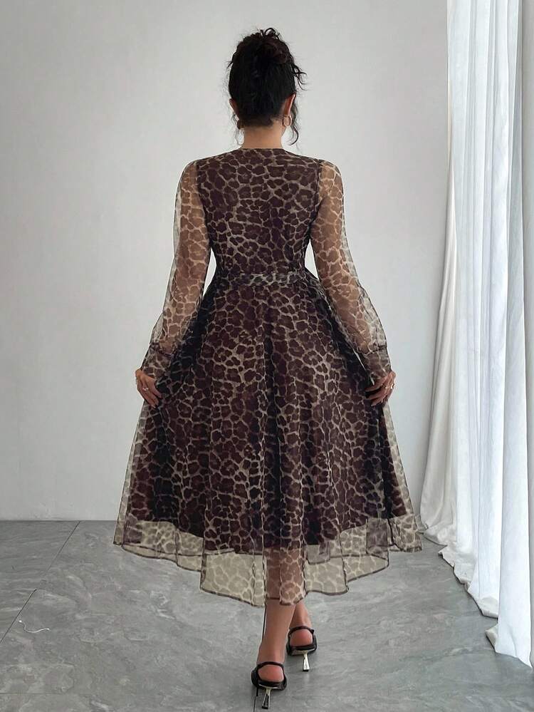 Elegant Leopard Print V-Neck Mid-Length Dress For Women, Autumn Dress
