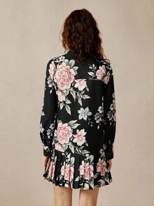 Florisole Vestido con botones y dobladillo plisado con estampado floral vintage, estilo campestre, adecuado para maestras, manga larga, otoño - Negro - Ver 2