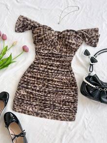 Soleia Vestido ajustado de hombros descubiertos de malla de punto para vacaciones - Marrón Chocolate - Ver 3