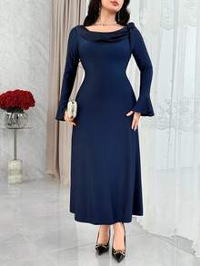 Modelyn 女士优雅圆领长袖束腰连衣裙 - Butter Yellow - 查看 4