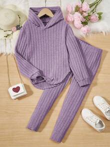 SHEIN Tween Girls' Knitted Ribbed Hooded T-shirt With Asymmetrical Hem And Tight Pants Two-piece Set - Purple - View 8