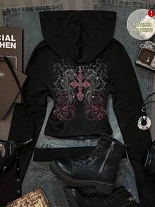 Attitoon 休闲复古哥特朋克Y2K风格交叉翅膀卷轴巴洛克定位印花图案女式修身连帽T恤，适合秋季穿着，百搭，机场、音乐节皆宜 - 黑色 - 查看 1