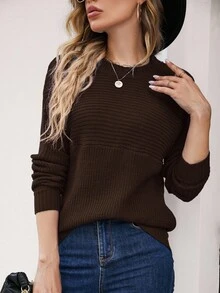 SHEIN Essnce 女式纯色圆领长袖休闲毛衣，秋冬 - 咖啡棕 - 查看 5