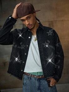 AXEPEAK Men's Washed Rhinestone Embellished Jacket, Brand High-End Lapel Stylish Short Outerwear - Black - View 5