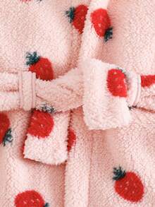 Bata de felpa para recién nacidos, de otoño/invierno, con estampado lindo de fresa con capucha con orejas 3D, manga larga y bata larga para niños y niñas bebés, ropa de dormir para infantes - Rosa - Ver 4