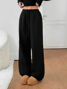 SHEIN PETITE 鹅卵石缝线细节直筒运动裤，适合毕业季、返校季、毕业典礼、教师节、黑色阔腿裤、感恩节等场合。