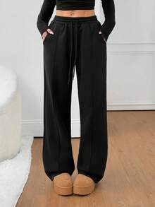 SHEIN PETITE 鹅卵石缝线细节直筒运动裤，适合毕业季、返校季、毕业典礼、教师节、黑色阔腿裤、感恩节等场合。