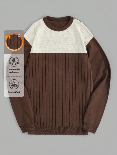 SHEIN Cottnline Men Geometrical Pattern Color Block Crew Neck Regular Sweater