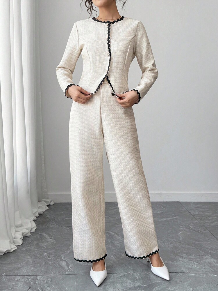 SHEIN Teen Girls Tweed Texture Contrast Color Ruffle Trim Pearl Button Decor Round Neck Top And Wide Leg Pants Set, Elegant French Style 2 Pieces Outfit Fall Winter - Apricot - View 6