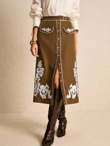 Poéselle Women's Elegant Commuter  Skirt With Embroidered Buttons  Button-Front And Contrast Piping Brown Skirt Graphic Skirt Western Skirts Brown Long Skirt - Brown - View 4