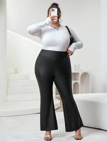 SHEIN CURVE+ Damen Große Größen Schwarze High Waist Weite Bein Schlaghose, modische Lässig Hose für Herbst/Winter - Schwarz - Übersicht 6