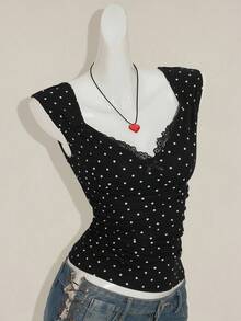 SHEIN ICON Women's Sexy Millennial Style Y2K Young Fashion Black Background White Polka Dot Sweetheart Neckline Splicing Lace Lace Open Back Slim Knit T-Shirt - Multicolor - View 8