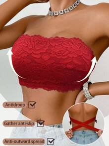 1pc Women Lace Wireless Bandeau Bra - Red - View 6