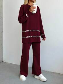RueChic 2pcs Women's Dropped Shoulder Crew Neck Long Sleeve Sweater And Knit Long Pants Set,Petite Co Ord,Co Ord,Petite,Winter Clothes - Burgundy - View 4