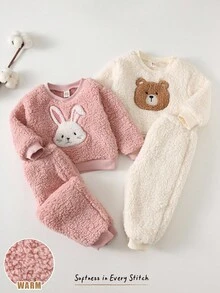 Cozy Pixies 4件套女婴卡通动物印花柔软针织圆领长袖运动衫和松紧腰裤套装 - 粉色 - 查看 8