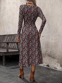 EMERY ROSE Floral Print Long Sleeve Waist Cinched Dress For Women, Suitable For Spring & Autumn Outdoor Wear Long Sleeve Floral Dress Women - Multicolor - View 4