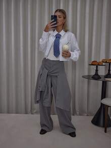 MUSERA قميص ملفوف متداخل مع تفاصيل ربطة عنق، بنطلون بساق واسعة، ملابس الشارع، جميلة، أنيقة، كاجوال، جذابة، للخروج، خريفية، شتوية، لأعياد الميلاد والشكر