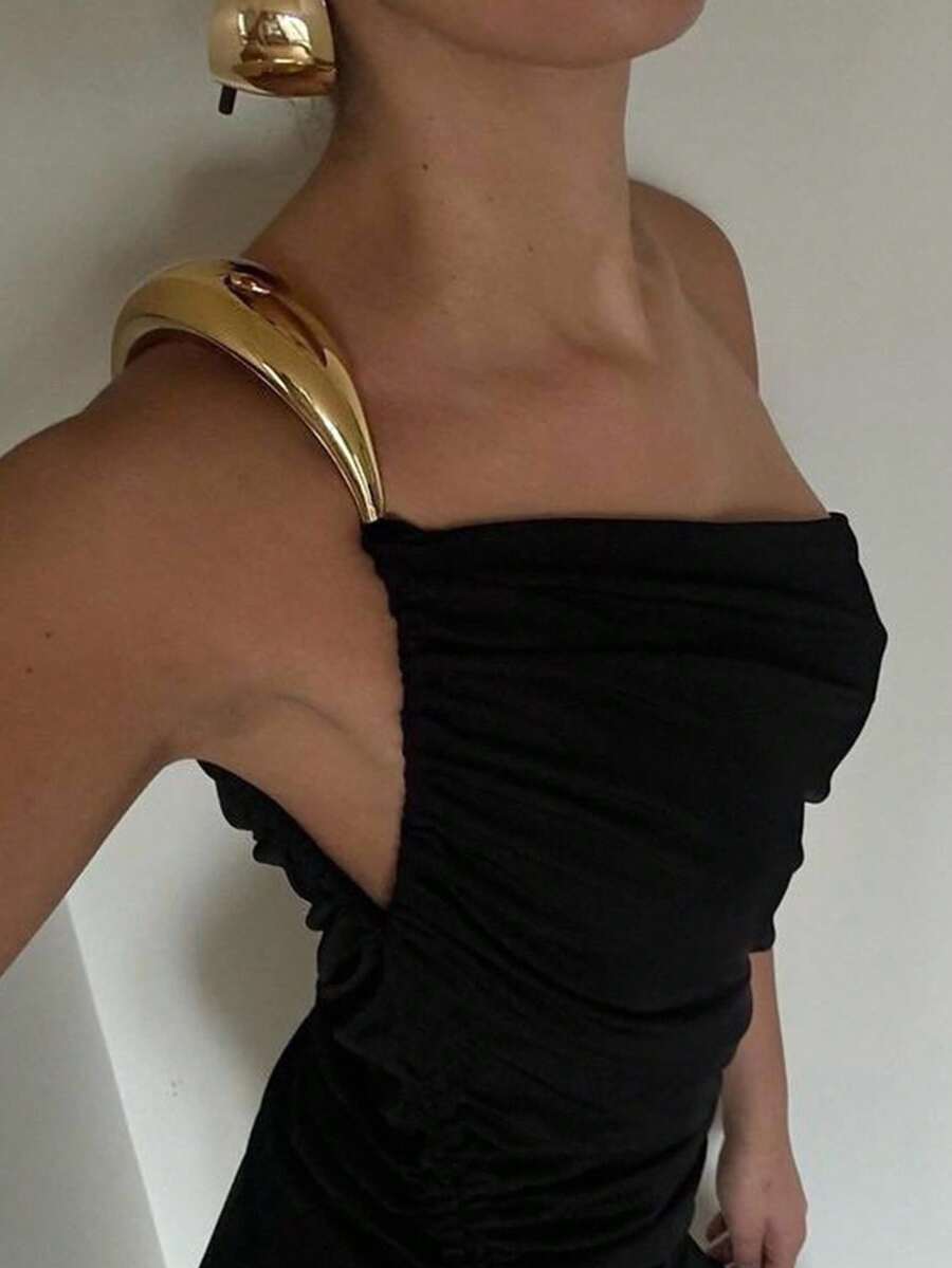 Siren Gaze 女式纯色不对称下摆无袖褶皱衬衫 - 黑色 - 查看 1