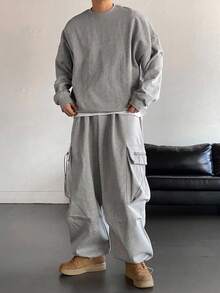 DAZY Men's Thermal-Lined Grey Utility Pocket Drawstring Hem Pullover Sweatshirt Set, Autumn/Winter - Grey - View 1