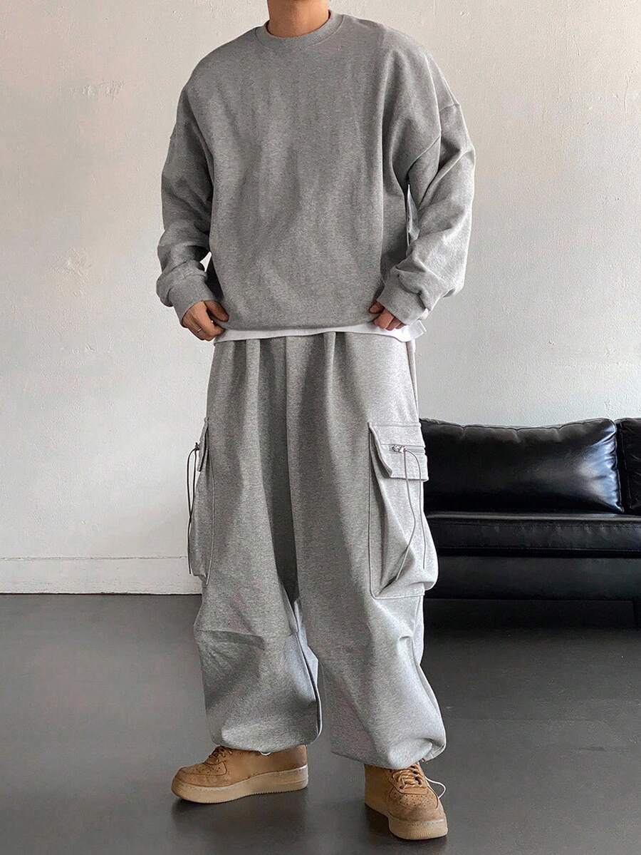 DAZY Men's Thermal-Lined Grey Utility Pocket Drawstring Hem Pullover Sweatshirt Set, Autumn/Winter - Grey - View 1