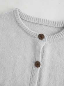 SHEIN BASICS Áo khoác cardigan dệt kim tay dài cổ tròn trễ vai màu trơn cài nút phía trước cho nữ, trang phục thường ngày đa năng cho mùa hè/thu/đông - Nhiều màu - Xem 3