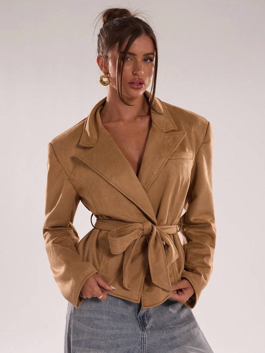 SHEIN BAE Women's Solid Color Lapel NeckLong Sleeve Belted Design Fashion Jacket, Autumn, Brown Jacket Women Women Fall Clothes,Suede Jacket