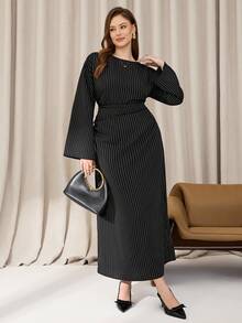 Auralis Plus-Size Women's Black Casual Dress With Flared Sleeves Fall Women's Dress, Halloween Dress, Plus-Size Women's Dress, Fall Dress, Women's High Intelligence Office Dress, Commuting Dress/Fall/Winter